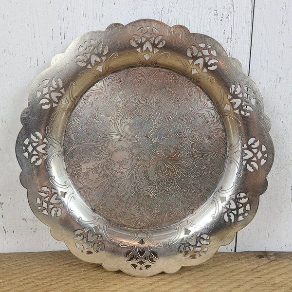 Vintage Silver Etched Filigree Details Service Platter Decorative Round Wall Hanging Plate Carlton Plate S.P Copper Silverplate Serving Tray