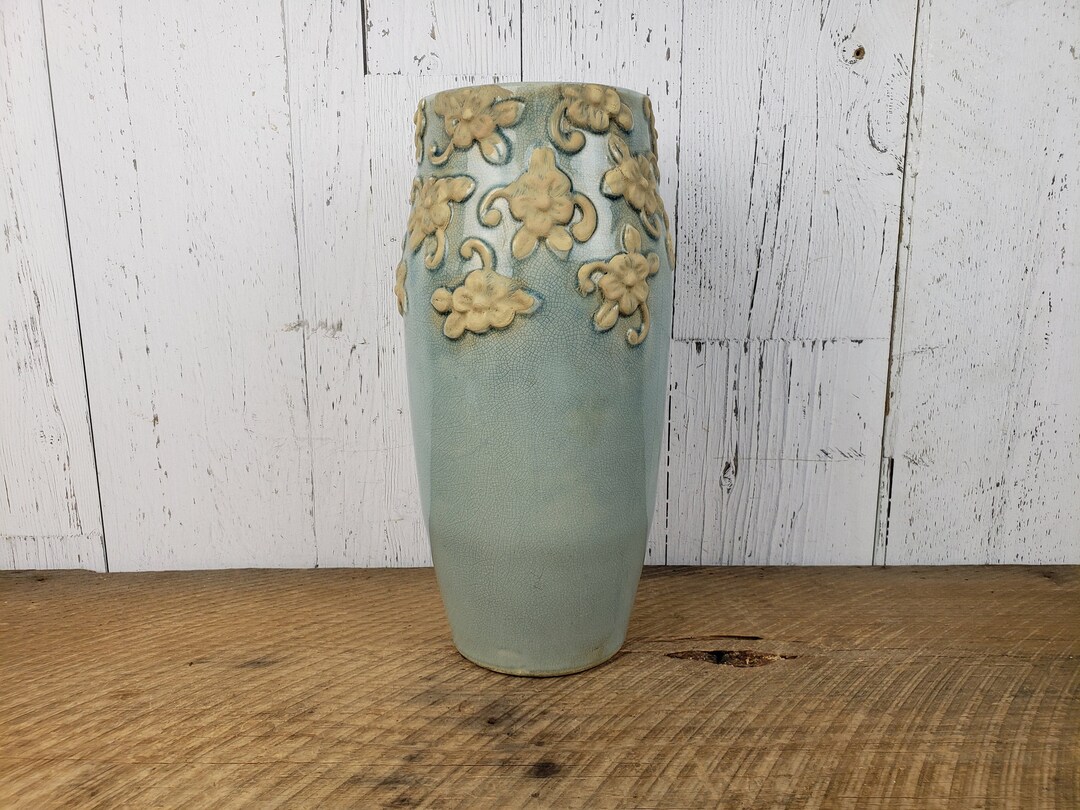 Vintage Light Blue Ceramic Vase 12 Rustic Crazed Pottery Etsy