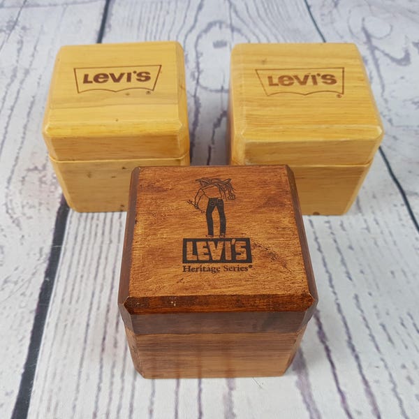 Vintage Set of 3 Levi's Empty Wood Boxes Old Watch Box Collectible Paperweight Office Decor Jeans Levis Levi Strauss