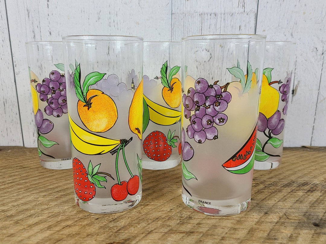 Vintage Set of 5 Fruit Tumblers 5.5 High Dartington France Frosted Glass Juice Water Drink