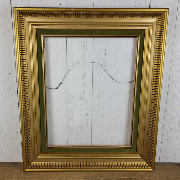 Vintage Large Empty Picture Frame 21"x25" Gold Wood w/ Green Velour Trims Wall Hanging Art or Photo Framing Original Artwork Mid Century