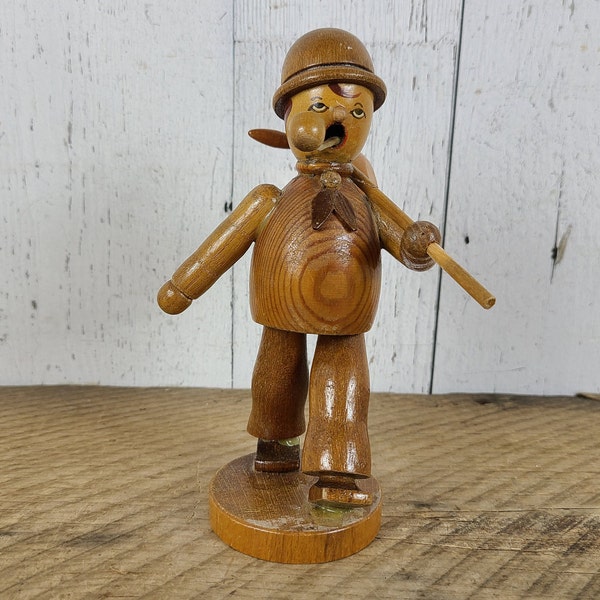 Vintage Man Walking w/ Pipe & Bindle Bag Sculpture Hand Carved Wood Figure Wooden Statue Original Artwork Statuette Colonial Mid Century