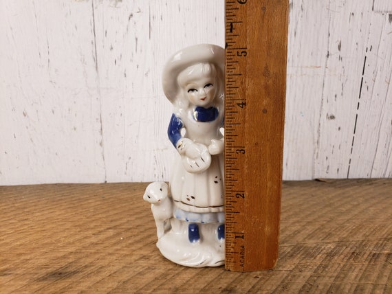 Vintage Young Girl Figurine White & Blue Dress W/ Puppy Dog