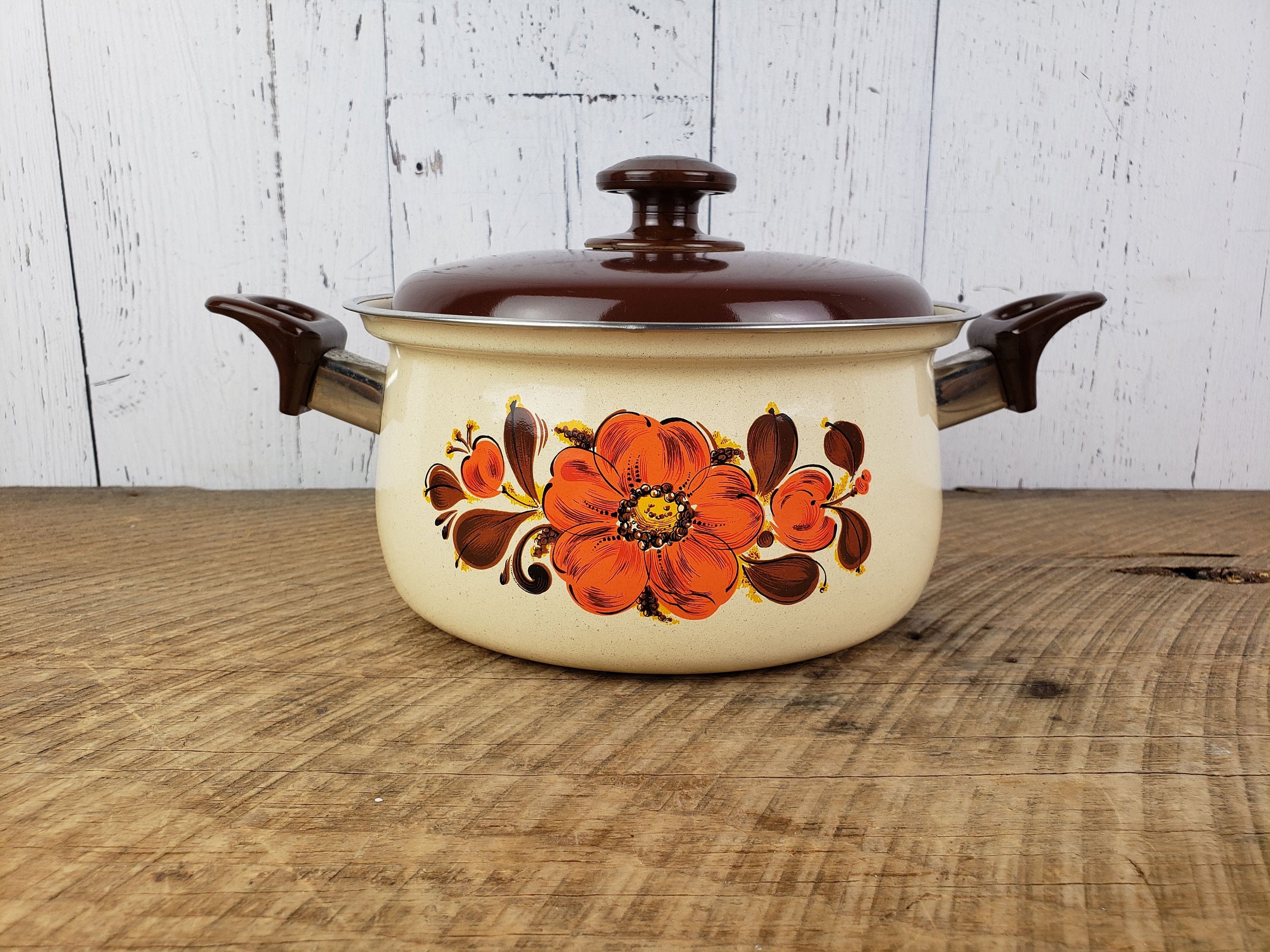 Vintage Retro 70s Enamel Cooking Pot W/ Lid Orange Poppy Valencia