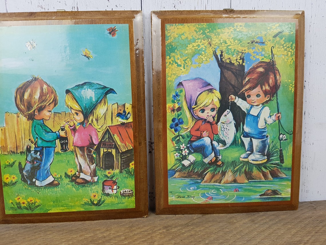 Vintage Pair of Kids Hanging Out Together Prints on Wood image 2