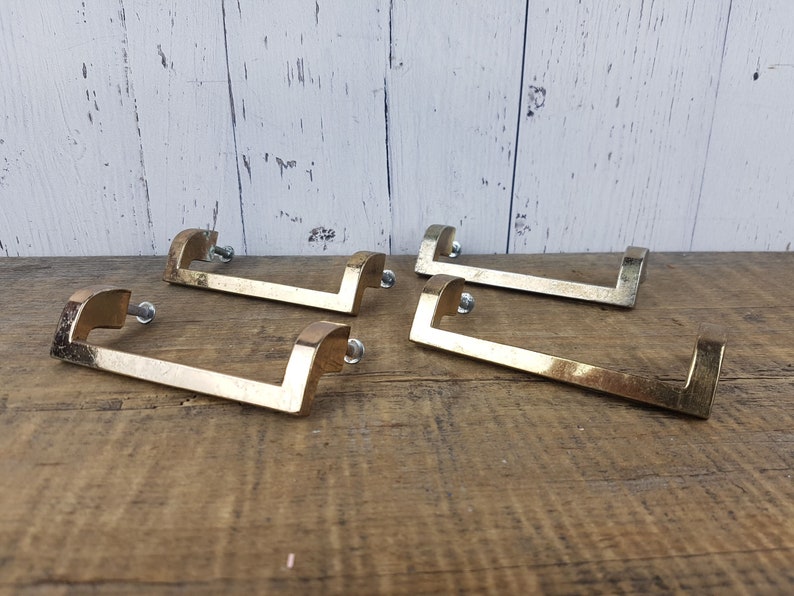 Vintage Set of 4 Brass Metal Handles Modern Mid Century Pulls Drawer Cabinet Hardware Replacement Part Furniture Repair MCM Dresser Remodel