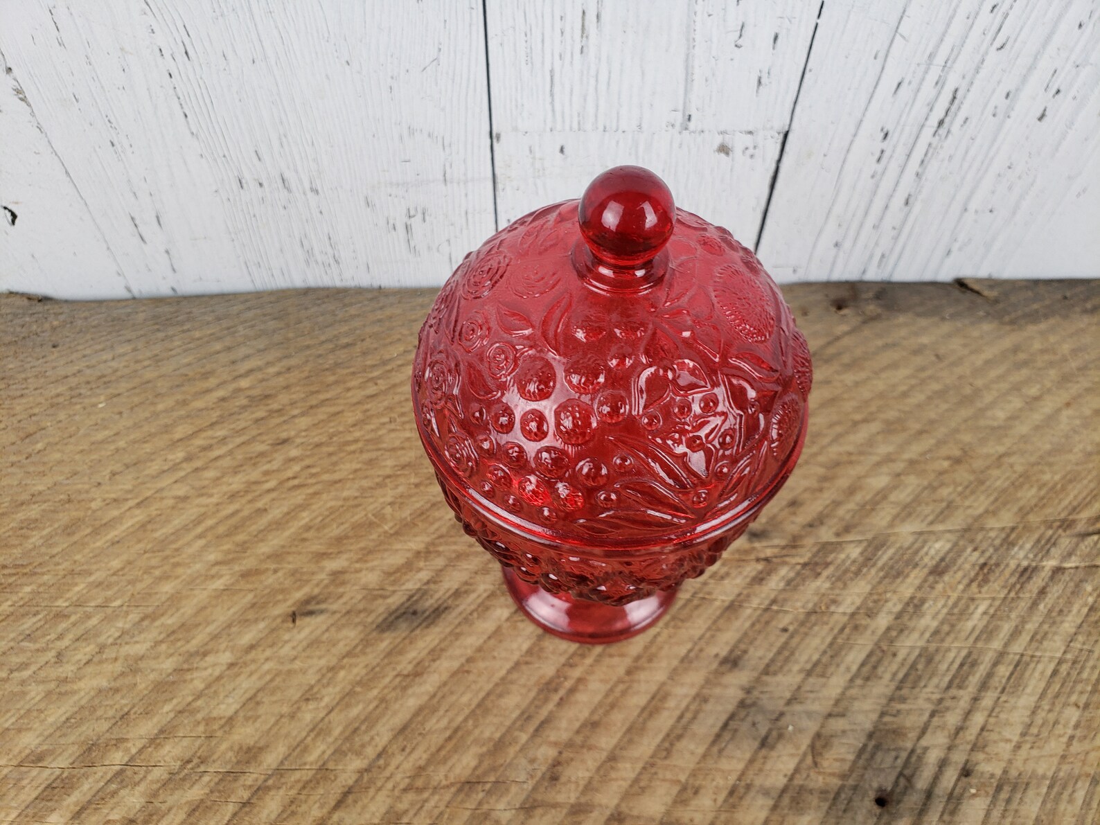 Vintage Footed Red Glass Candy Dish W/ Lid Floral Pattern Avon Etsy