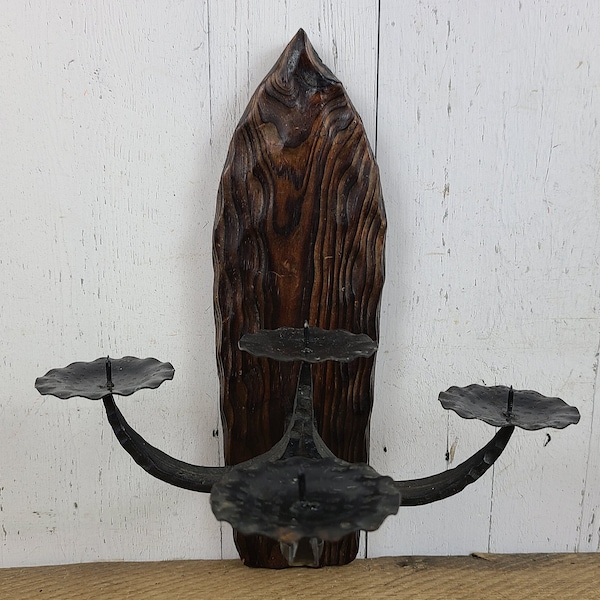 Vintage Pillar Candle Wall Hanging Sconce Wood & Cast Iron Four Arm Candle Holder Candlelit Mid Century Modern Candleholder Gothic Style