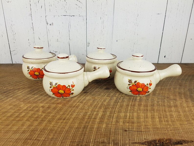 Vintage Set of 4 French Onion Soup Bowls w Lids Orange Flower Japan Stoneware Ovenproof Modern Mid Century Replacement Dish Boho Chic