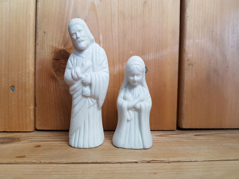 Vintage Set of Two Virgin Mary and Joseph White Porcelain Figurines Mother Father Statue Religious Gift Catholic Baptism Christian Jesus image 1