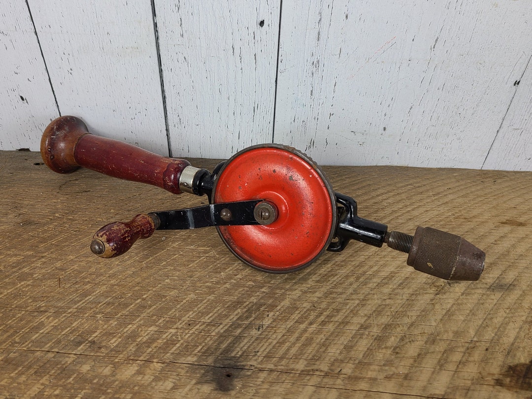 Vintage Hand Drill Metal W/ Wood Handle Orange & Red Rusted Tool Rustic