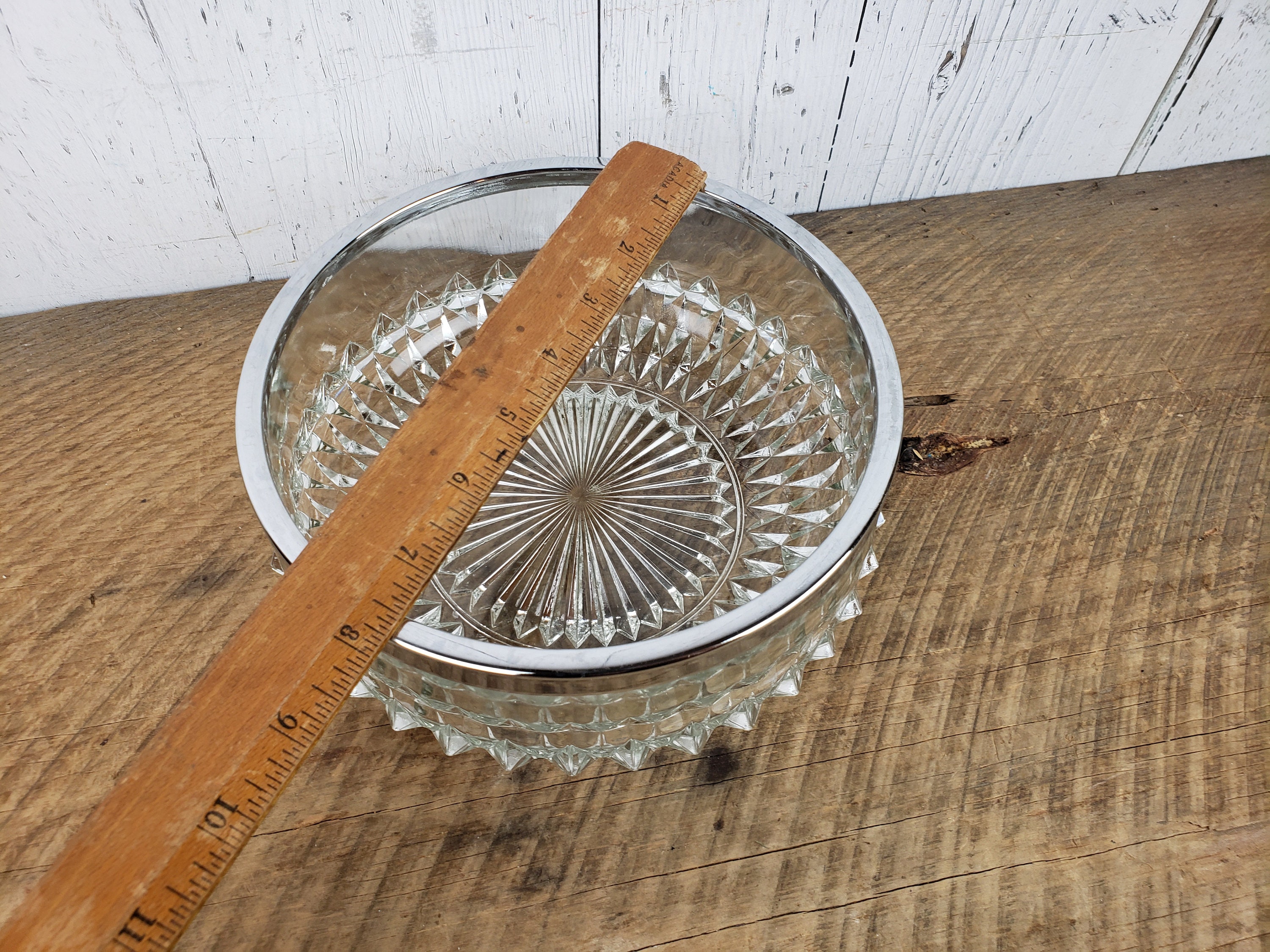 Vintage Diamond Cut Crystal Serving Bowl Silver Tone Metal Rim Etsy