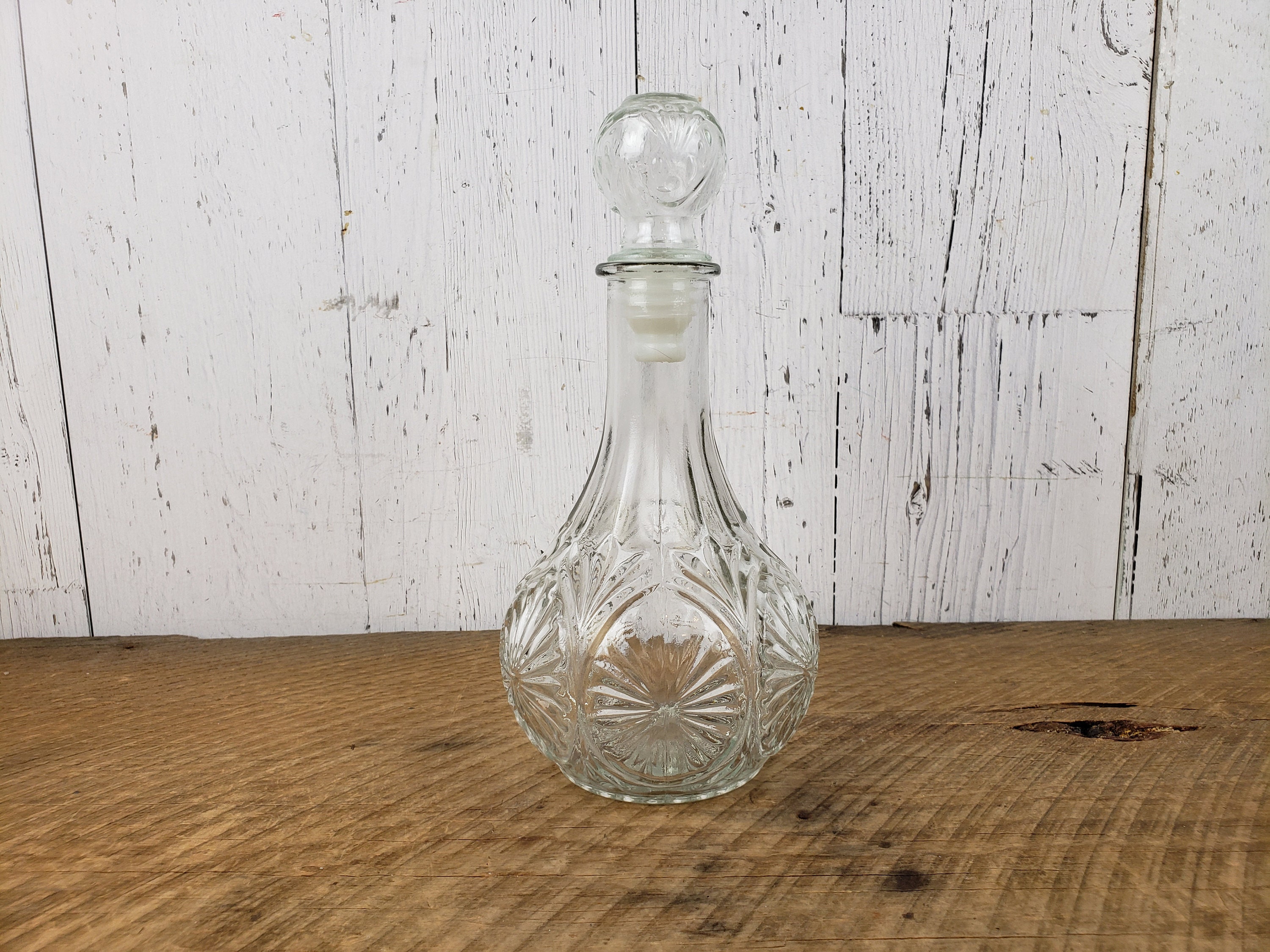 Vintage Pressed Glass Liquor Decanter w/ Lid 25 OZ Wide Bottom Etsy