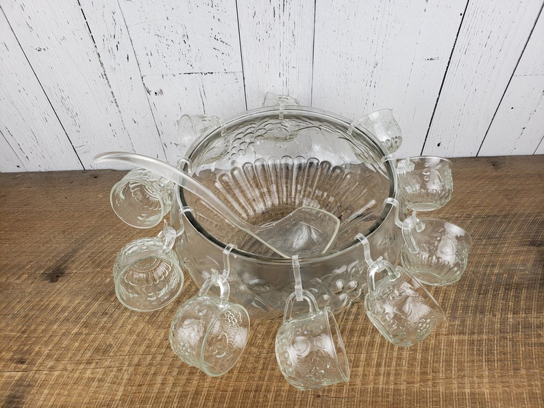 Vintage Punch Bowl 10 Cups Ladle & Hooks Glass Set Etsy