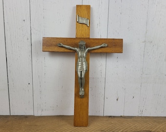 Vintage Wood & Metal Wall Crucifix 18" High Modern Mid Century Cross Jesus Christ Crucifixion Religious Shrine Catholic Gift Mid Century