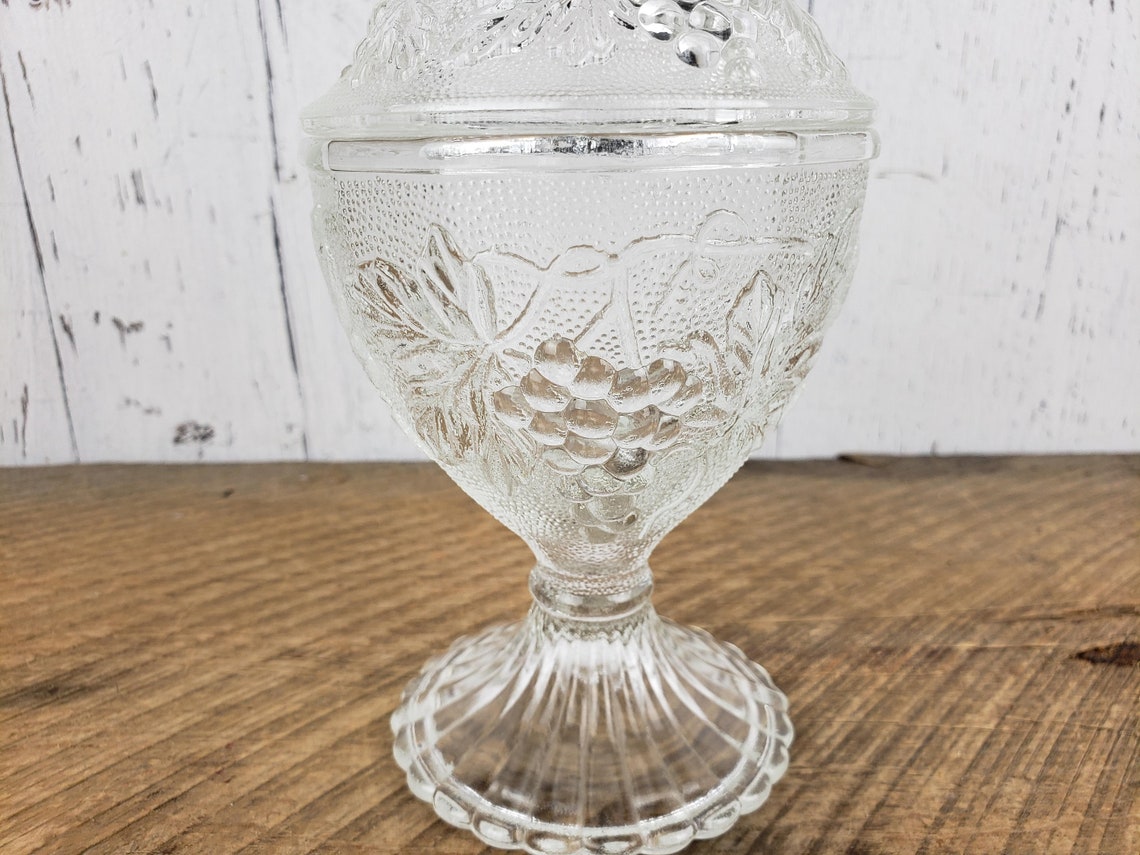 Vintage Footed Pressed Glass Candy Dish w/ Lid Grapes & Vines Etsy