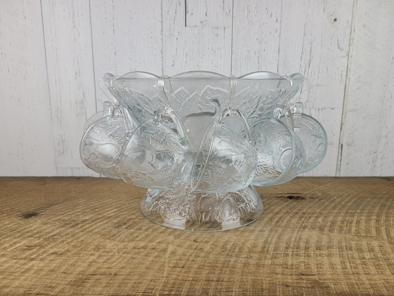 Vintage Footed Punch Bowl W/ 10 Cups & Hooks Frosted Glass Fruit Pattern  Wedding Refreshments Table Sangria Kid's Juice Christmas Party 