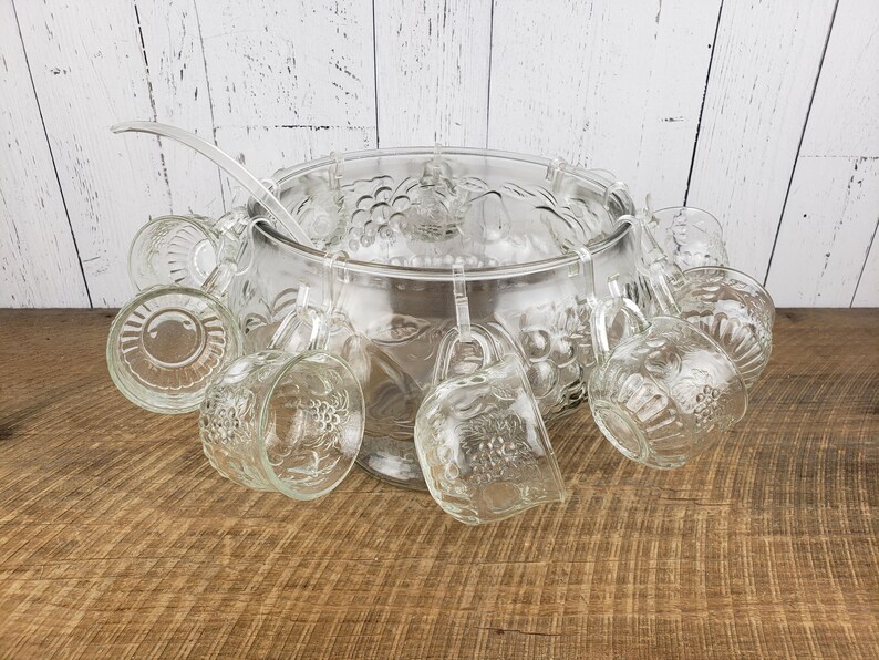 Vintage Punch Bowl 10 Cups Ladle & Hooks Glass Set Etsy
