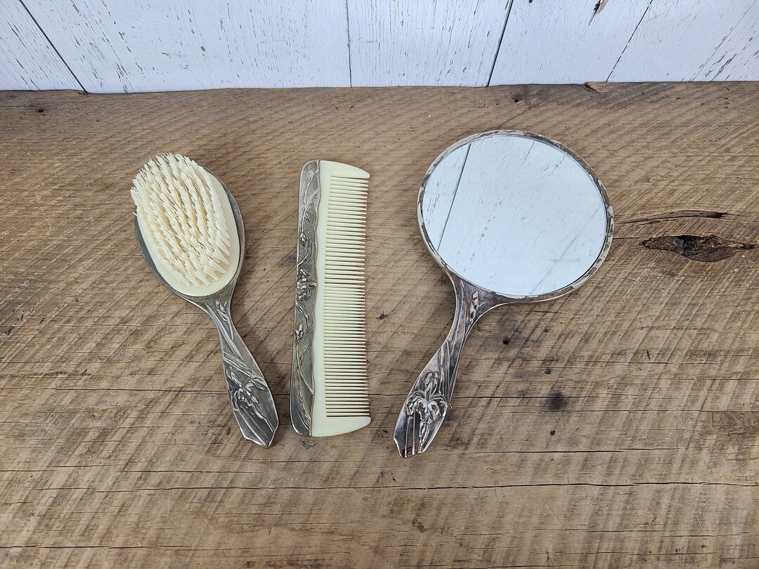 Vintage Hand Mirror Brush & Comb Vanity Set Filigree Silver Plate