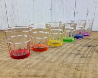 Vintage Set of 6 Rainbow Bottom Shot Glasses Shooter Cordial Sherry Glass Colorful Mismatched Liquor Spirits Wine Barware Bar Decor Gift
