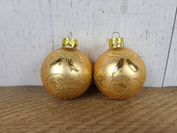 Vintage Set of 2 Gold W Glitter Round Ball Ornaments Colorful