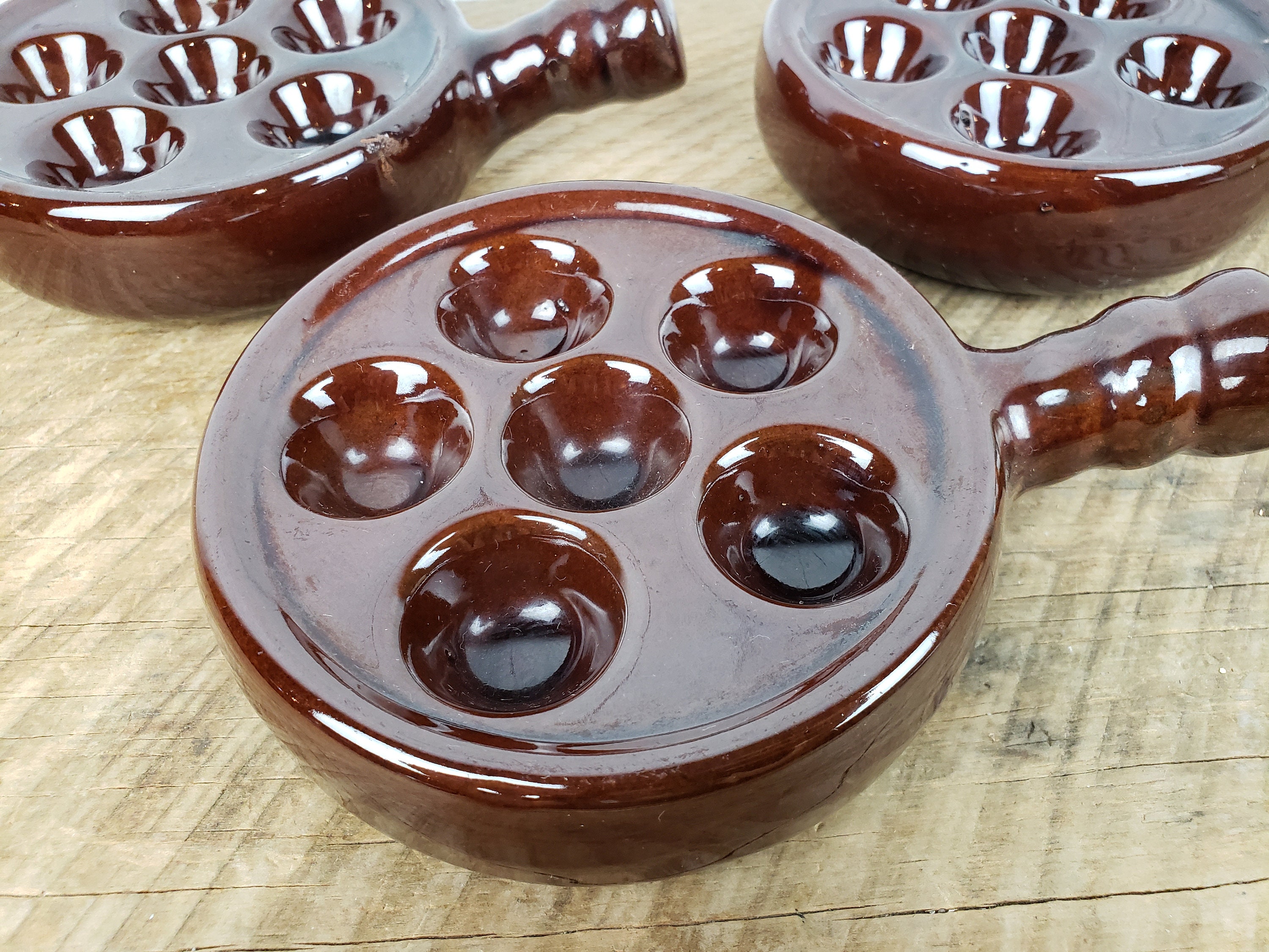 Vintage Set of 3 Escargots Dishes 70s Brown Stoneware Mushroom Etsy