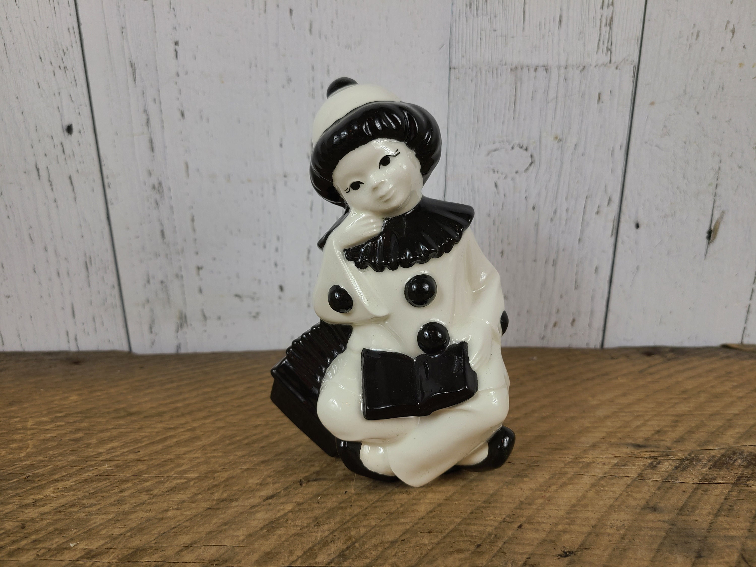 Vintage Pierrot Mime Statue Black & White Glazed Plaster Clown Statuette  New Wave Kitsch Figure 80s Statuette Chalkware Unique Statement