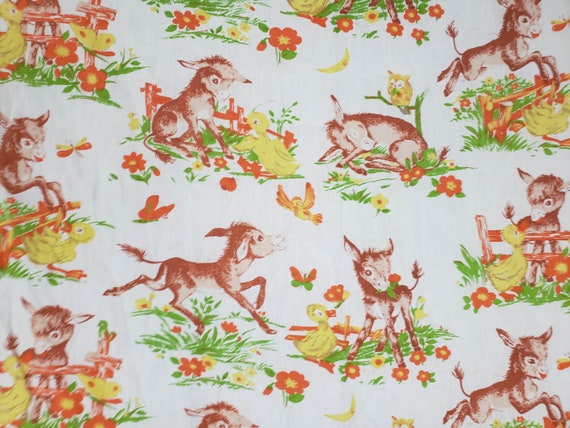 Vintage 60s Retro Baby Donkey In Field Toddler Size Bed Flat Sheet Bedroom Decor Rare Crafting Fabric Modern Mid Century Childhood Bedroom