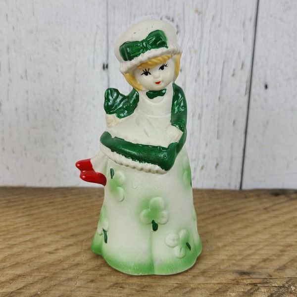 Vintage Bisque Porcelain St. Patrick's Day Bell Irish Girl Figure Leprechaun Statue Shamrock Clover Figurine Shelf Knick Knack Collectible