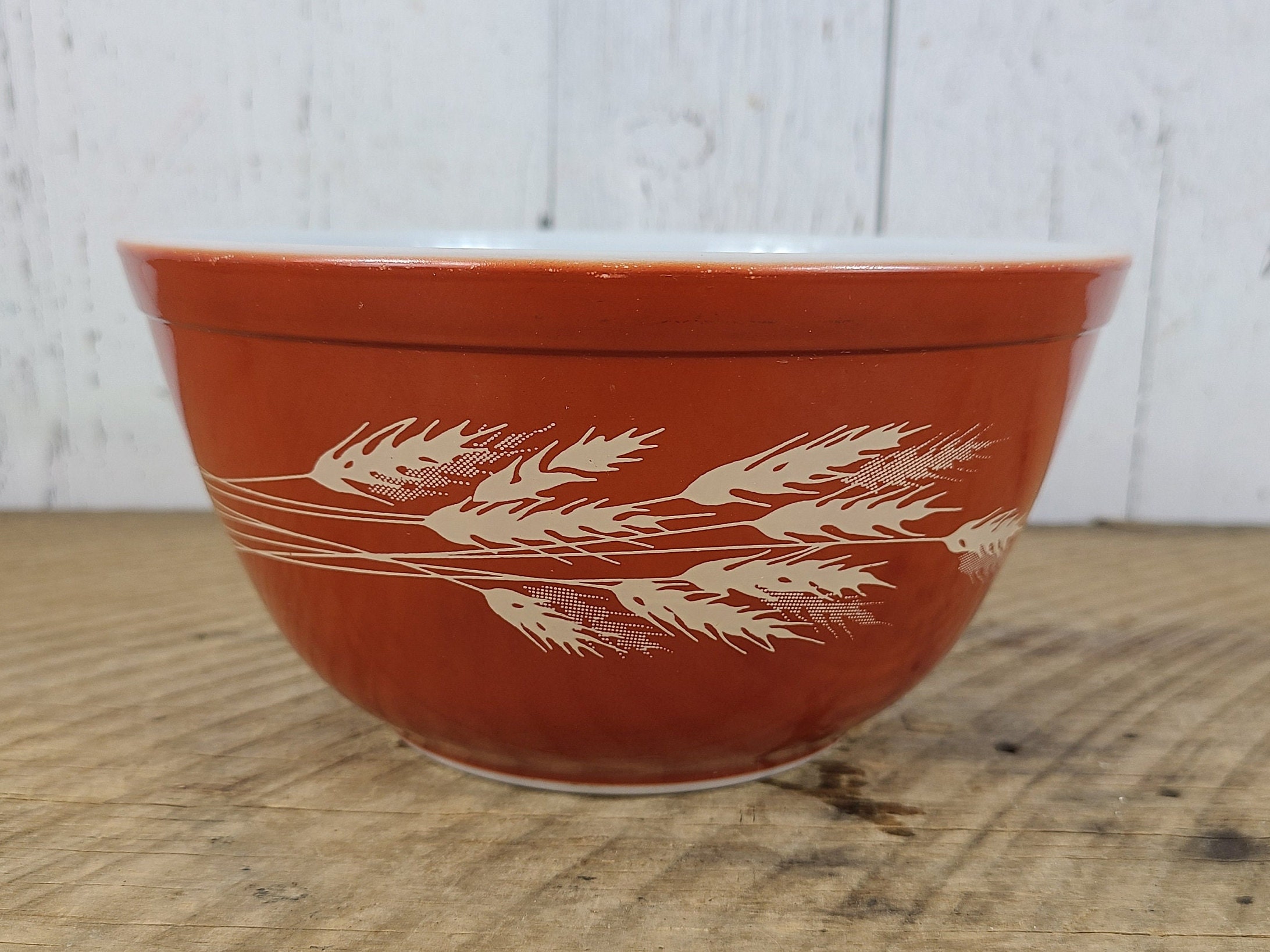 Vintage Pyrex Mixing Bowl Autumn Harvest Wheat Pattern on Orange 