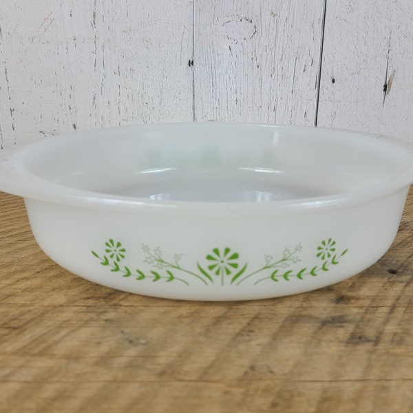 Vintage Glasbake Primrose Dream Casserole Dish J242 Green Daisy Oven Proof Microwave Ovenware Mid Century Milk Glass Bakeware USA