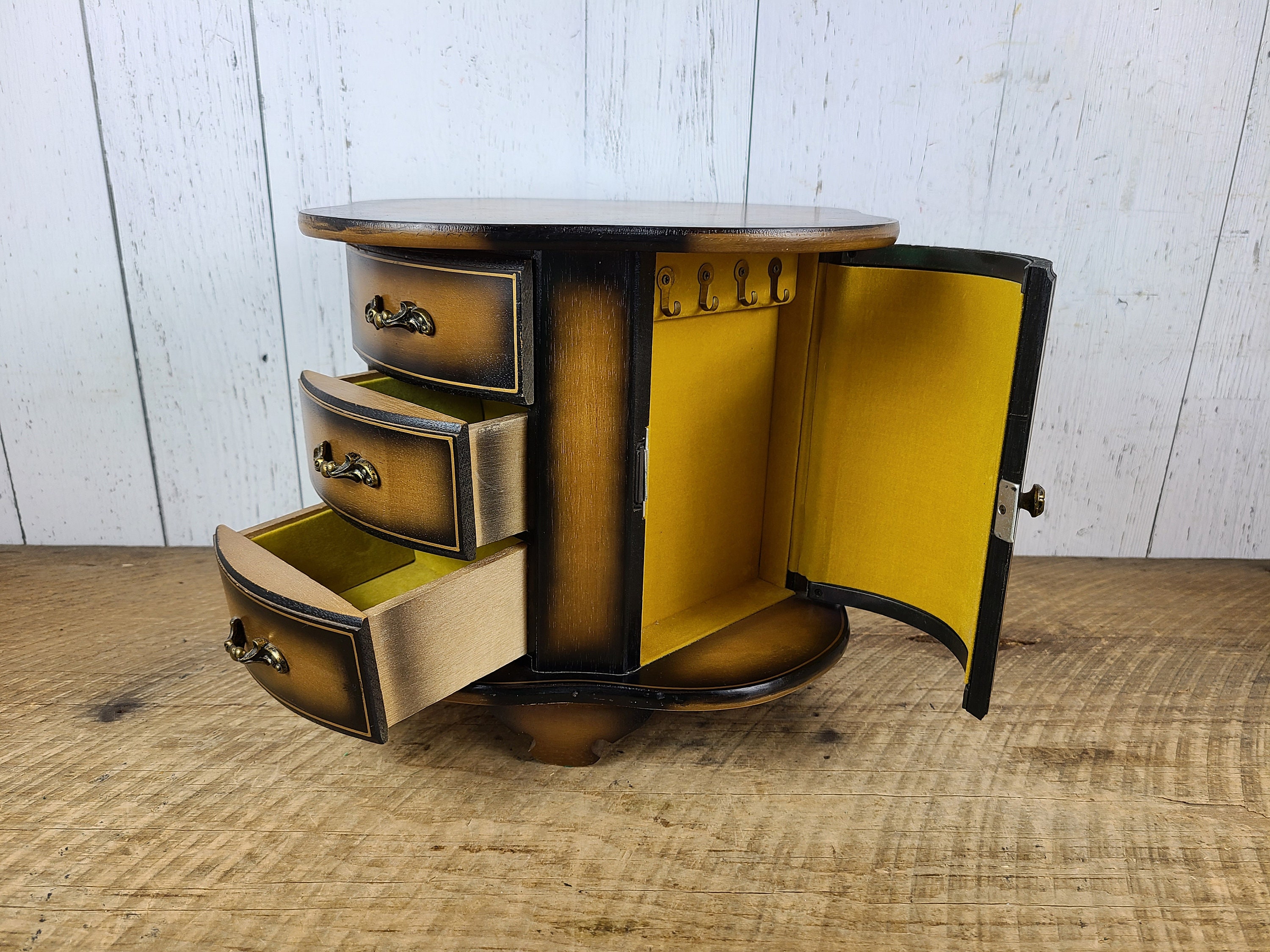 Vintage Large London Leather Jewelry Box Wooden Lazy Susan Turntable