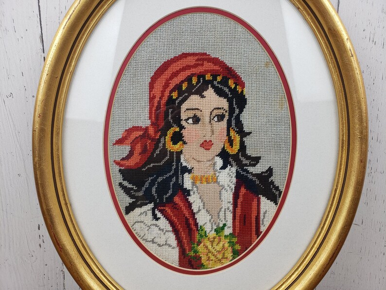 Vintage Bohemian Gypsy Portrait Needlepoint Embroidery image 3