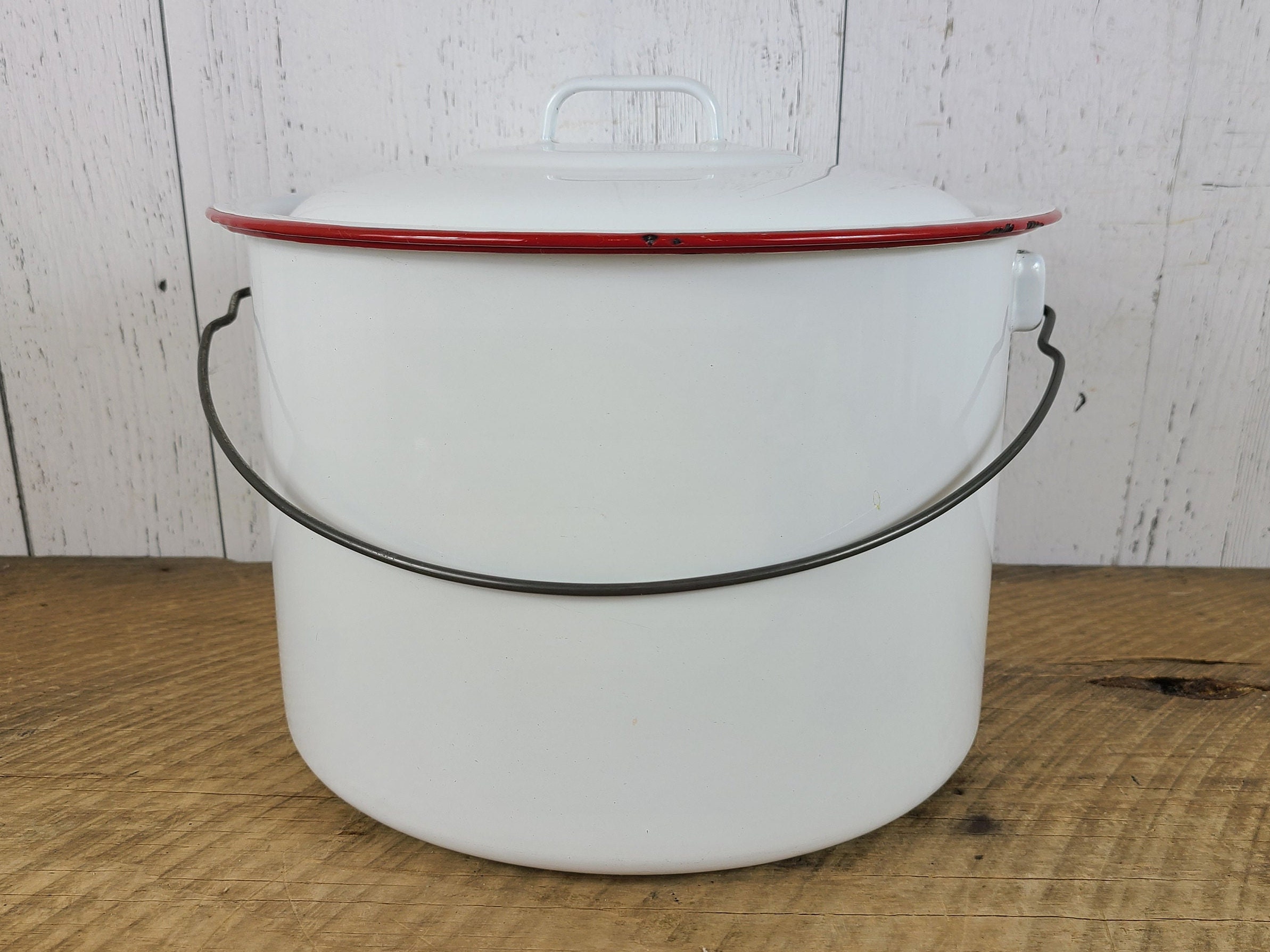 Vintage Large White Enamel Cooking Pot W/ Lid Cauldron Stockpot Cookware  Enamelware Camping Outdoor Kitchen Rustic Distressed Condition 