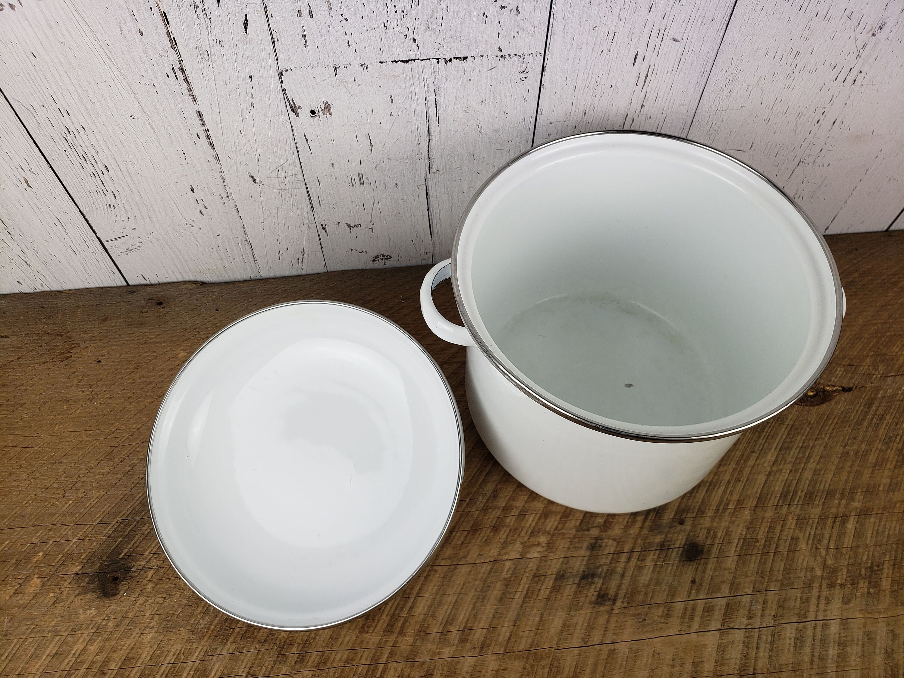 Vintage White Enamel Cooking Pot w/ Lid Stockpot Cookware Etsy