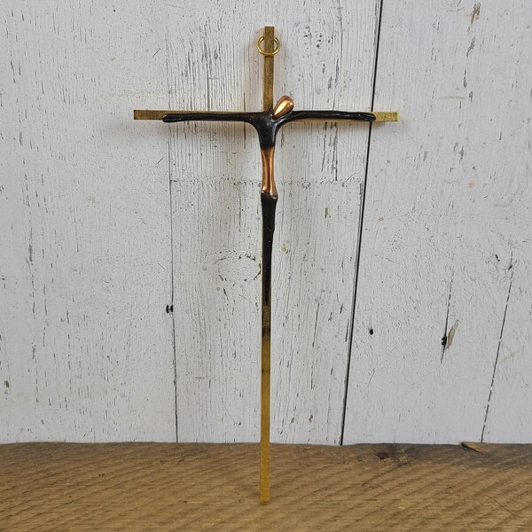 Vintage Brass Wall Crucifix 10" Thin Metal Cross Jesus Christ Crucifixion Christian Religious Gift Shrine Prayer Catholic Baptism Communion