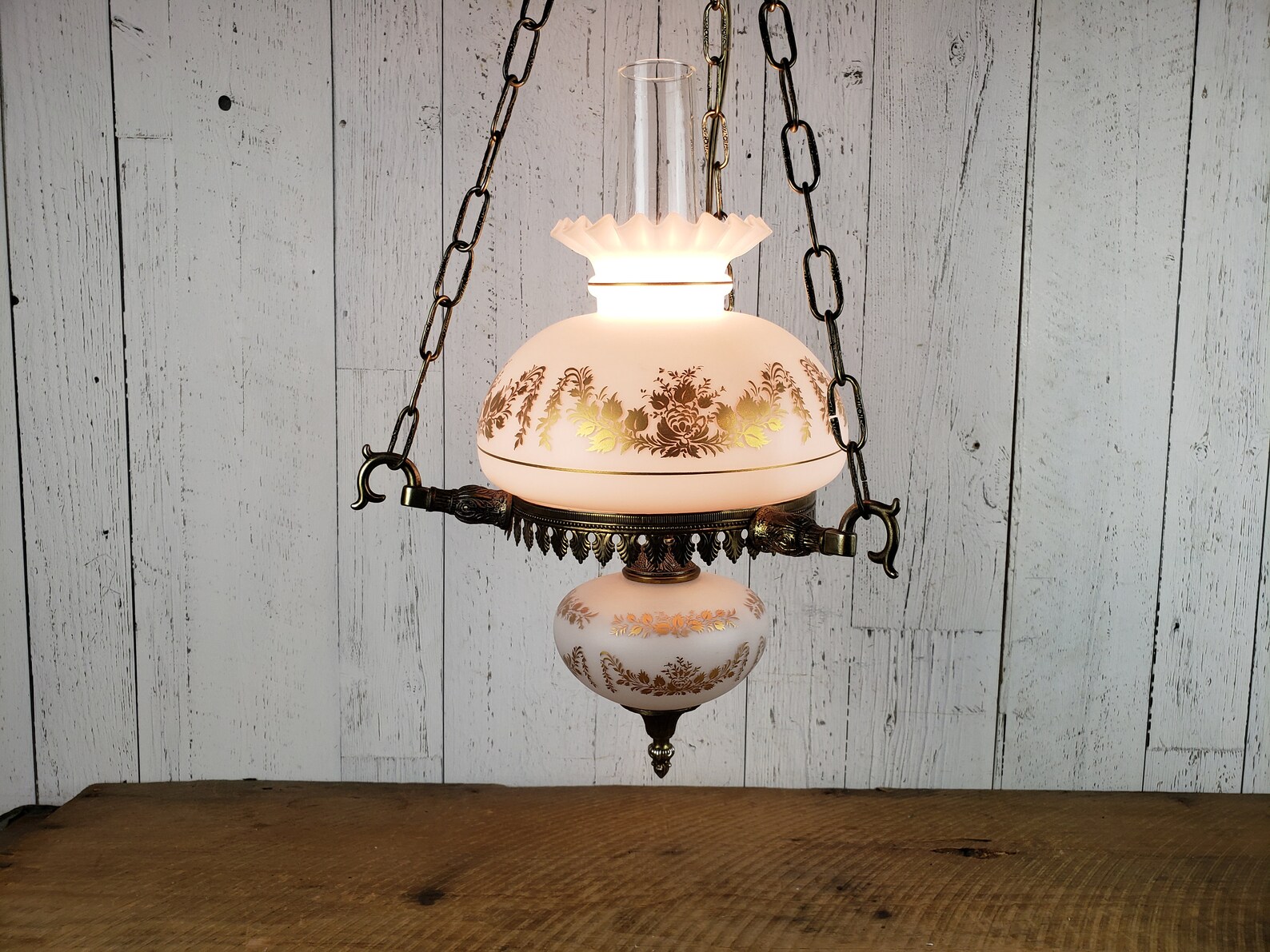 Vintage Hanging Hurricane Lamp Filigree Metal & Floral Glass Etsy
