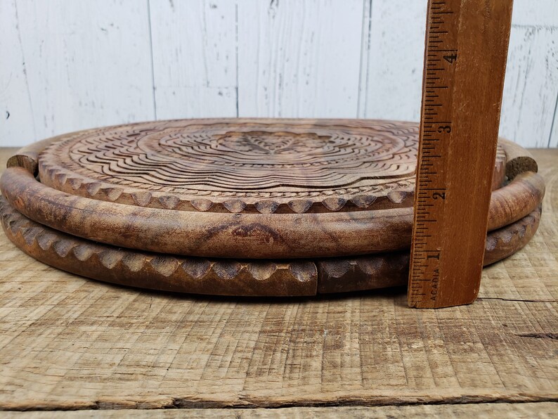 Vintage Large Bohemian Collapsible Bowl Intricate Hand Carved Details Boho Basket Wooden Fruit Snack Display Rustic Wood Trinket Holder