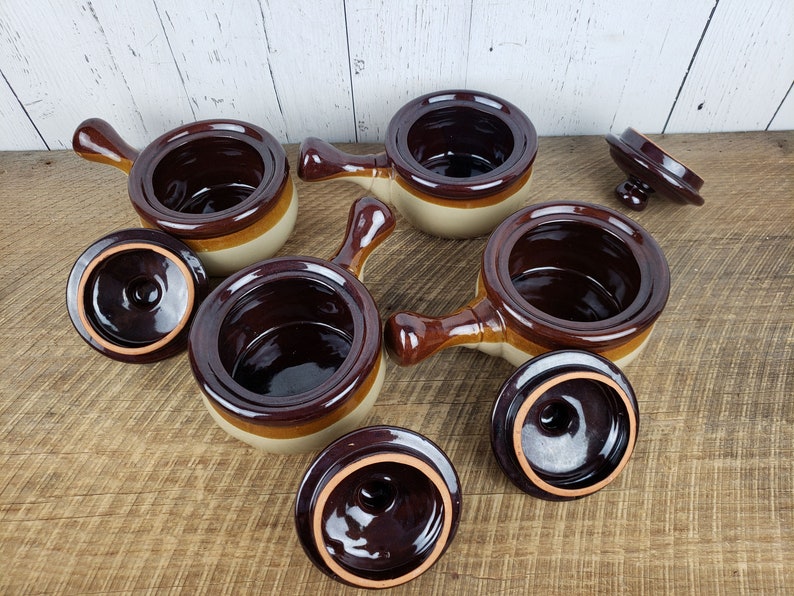 Vintage Set of 4 French Onion Soup Bowls w Lids Brown Stoneware Chef Mates Bohemian Ceramic Ovenproof Modern Mid Century Dishes Boho Chic
