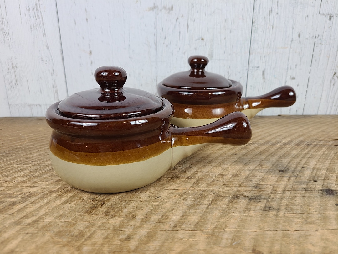Vintage Set of 2 French Onion Soup Bowls W/ Lids Brown & Beige