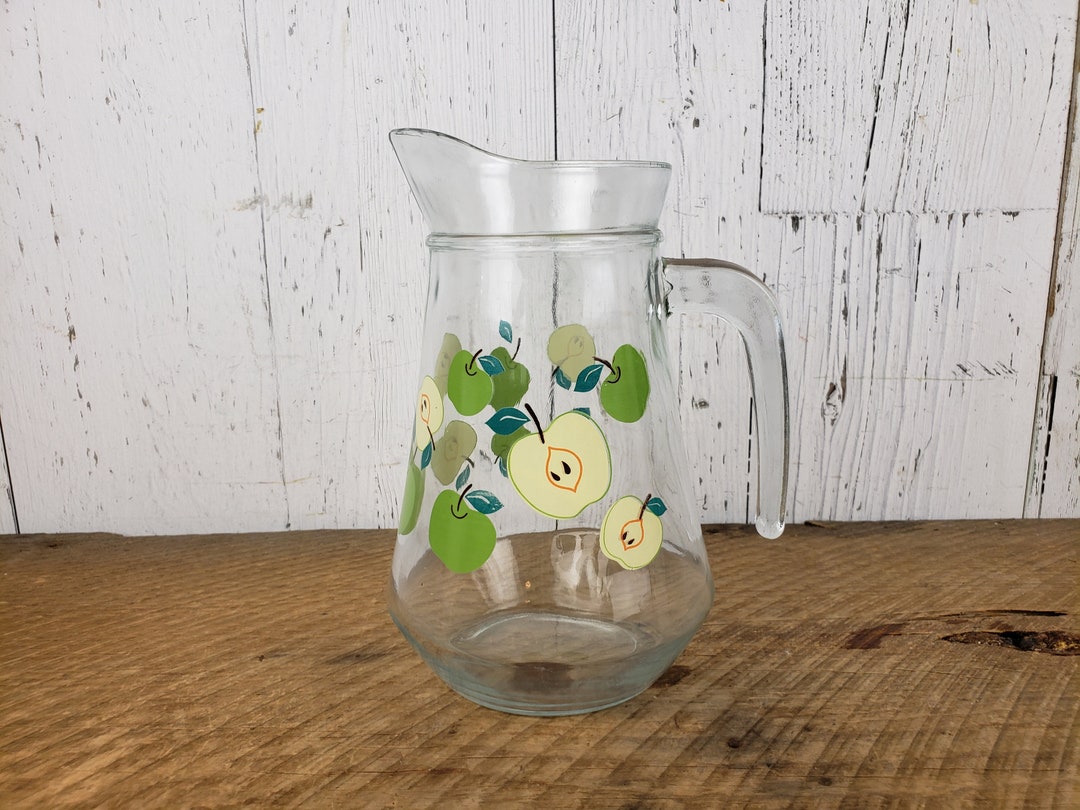 Vintage Glass Juice Pitcher Green Apple Pattern Kig Indonesia Sangria Water Jug Glassware Dinner