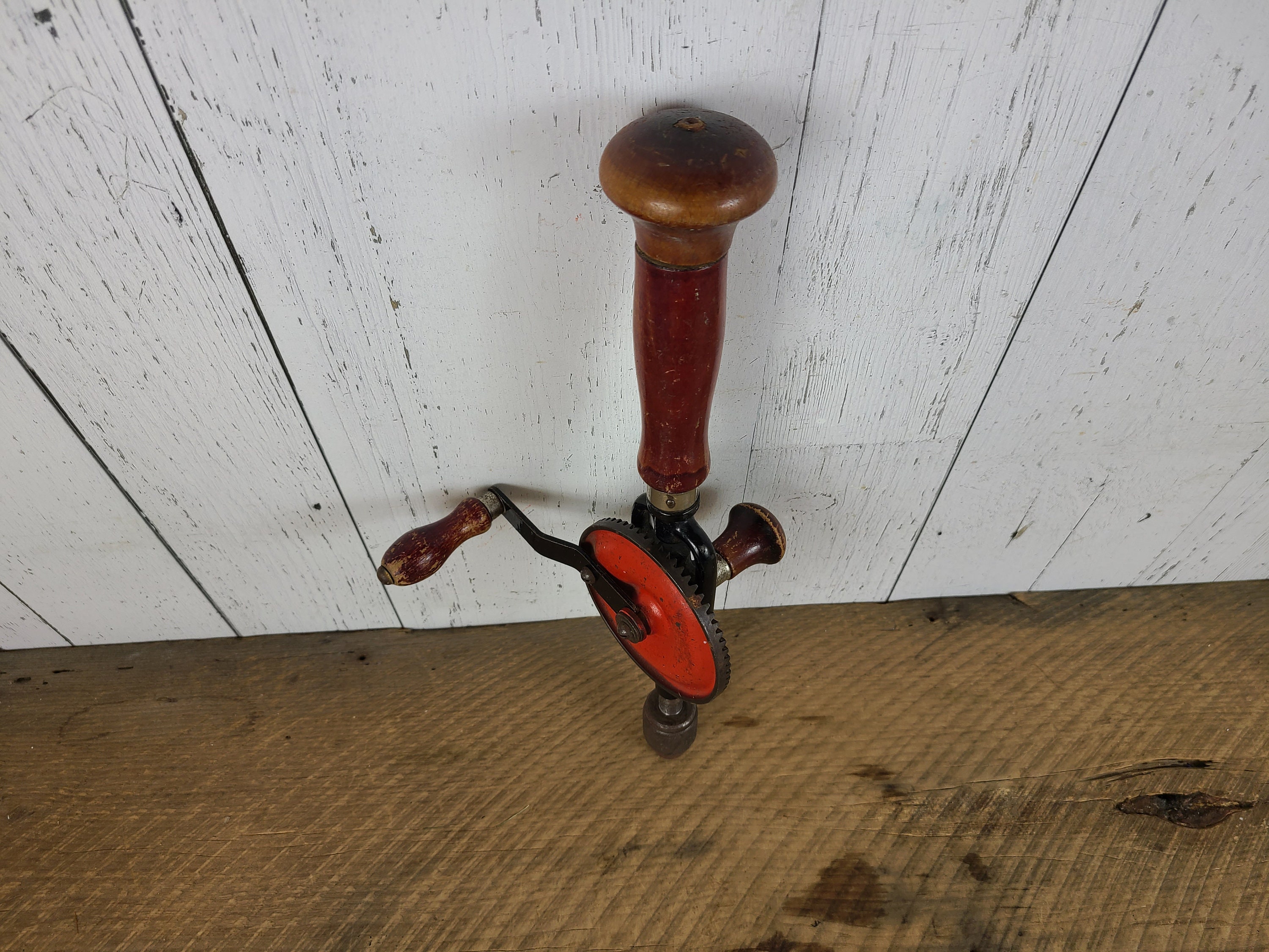 Vintage Hand Drill Metal W/ Wood Handle Orange & Red Rusted Etsy