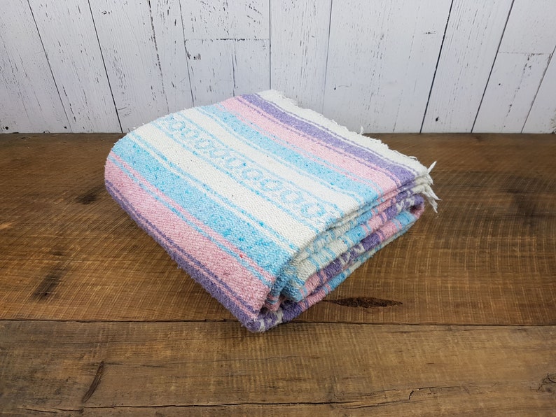 Vintage Pastel Blue Pink Purple White Stripe Serape Blanket 54 X 78 Throw Southwestern Bedding Eclectic Bohemian Bedroom Decor Boho Chic