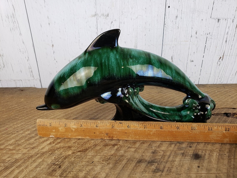 Vintage Turquoise Green Drip Glaze Dolphin Statue Blue Etsy