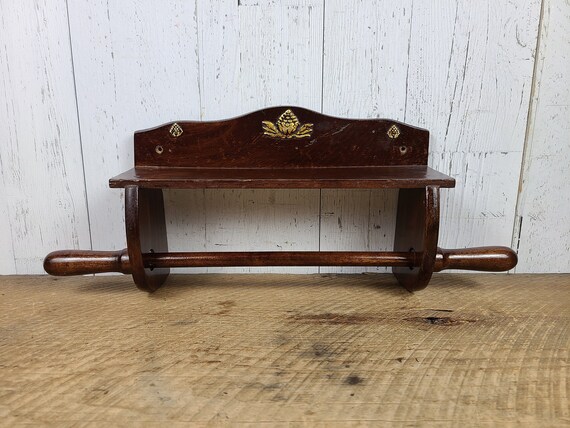 Vintage Wooden Paper Towel Rack W Top Shelf Wall Mount Shelving