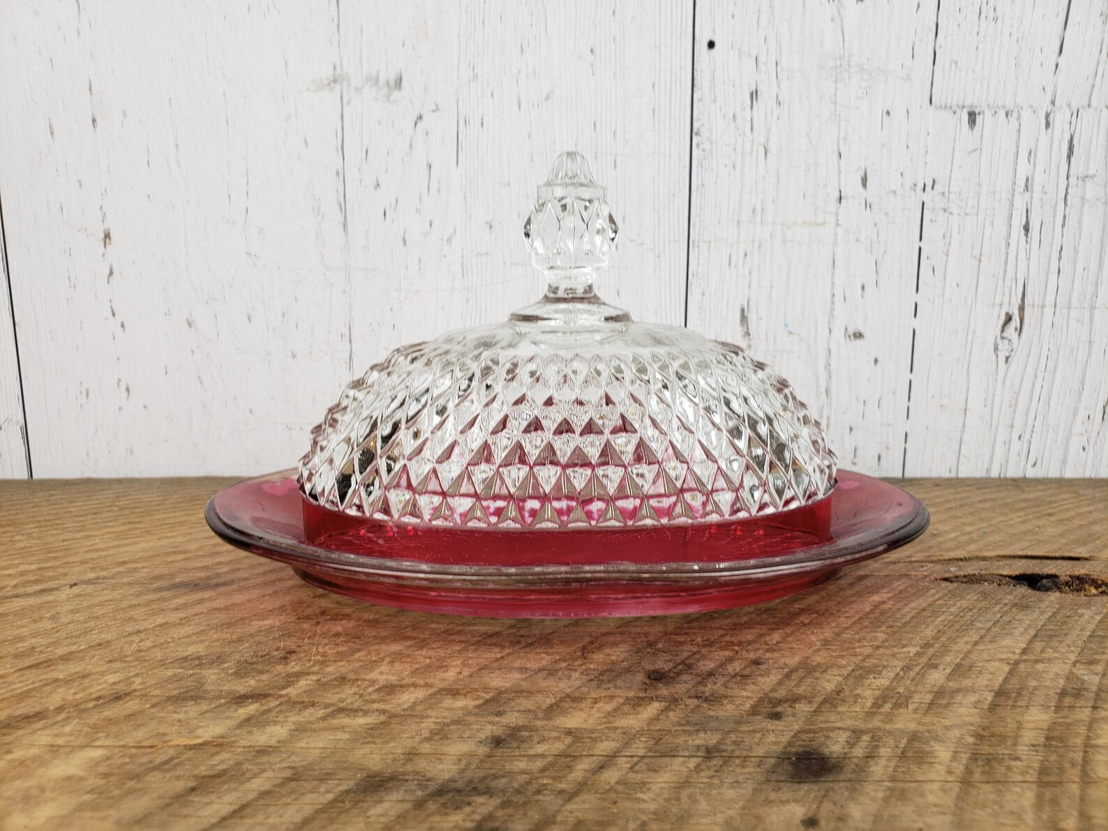 Vintage Red & Clear Glass Oval Butter Dish Diamond Cut Pattern Etsy