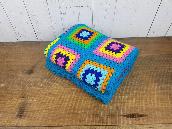 Vintage Colorful Eclectic Rug Crochet Knit Square Macrame Style Carpet 60 X 72 Phentex Olefin Living Room Decor Modern Mid Century Boho