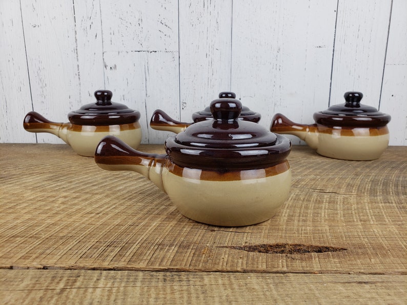 Vintage Set of 4 French Onion Soup Bowls w Lids Brown Stoneware Chef Mates Bohemian Ceramic Ovenproof Modern Mid Century Dishes Boho Chic
