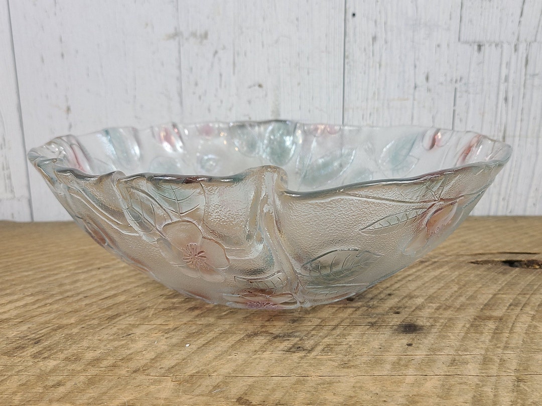 Vintage Frosted Glass Fruit Bowl Pink & Blue Floral Flower Etsy