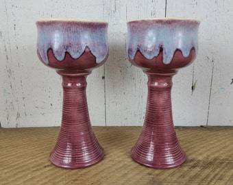 Vintage Set of 2 Purple Drip Glaze Stoneware Goblets Ceramic Pottery Wine Toasting Water Drinking Glass Retro Barware Modern Mid Century